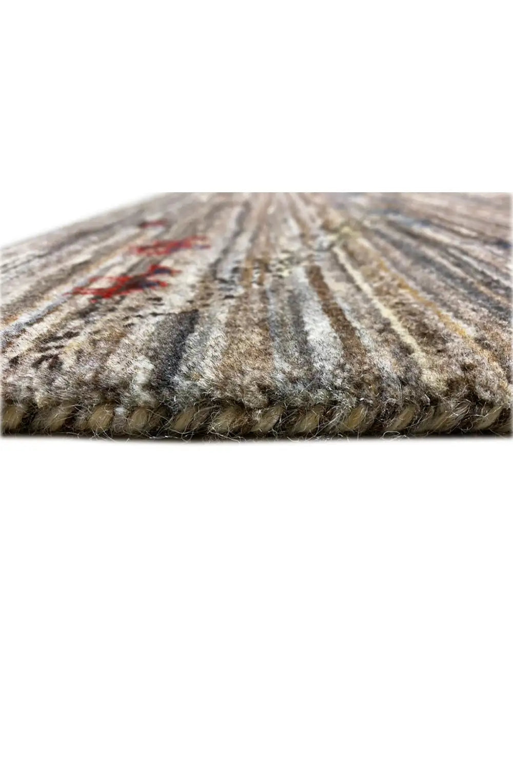 Gabbeh rug 123x77 cm, close-up: fringed edge and gray texture with colorful motifs