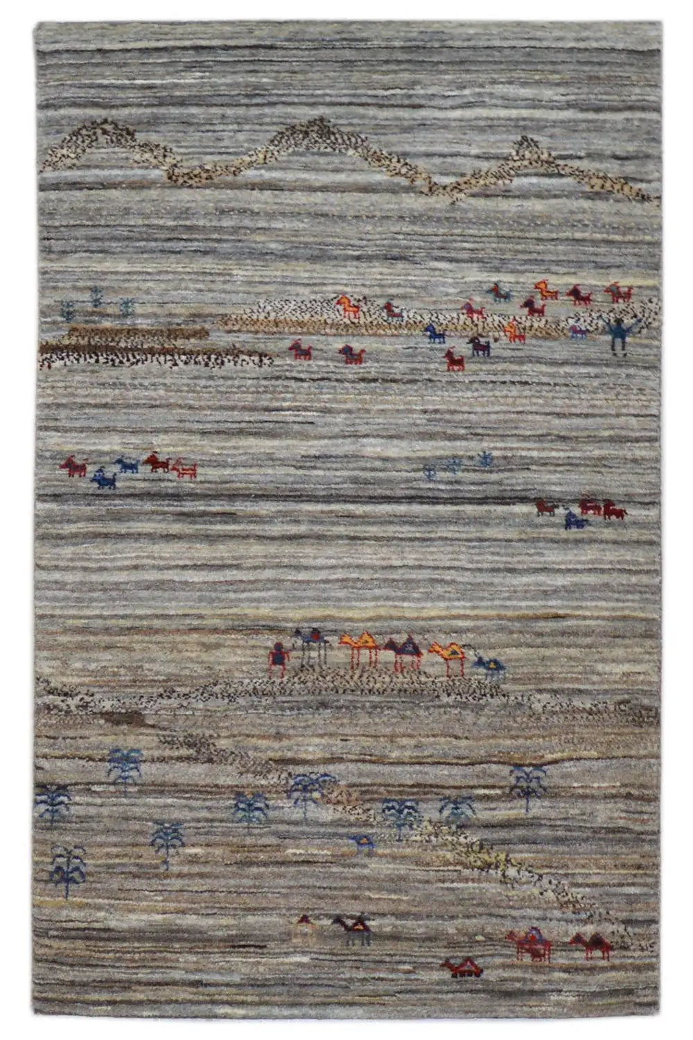 Gabbeh rug 123x77 cm, gray woven rug with colorful animal motifs
