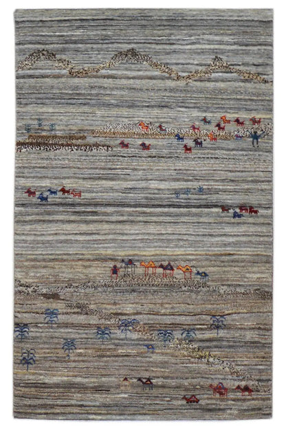 Gabbeh rug 123x77 cm, gray woven rug with colorful animal motifs