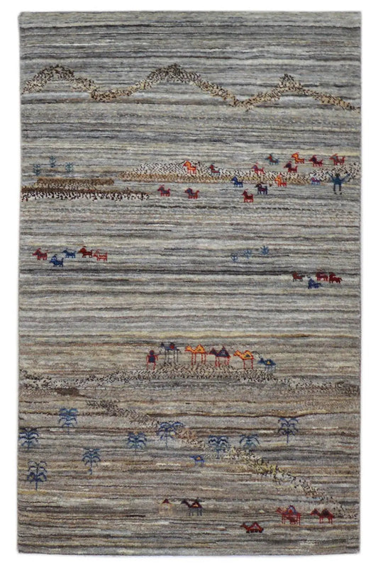 Gabbeh rug 123x77 cm, gray woven rug with colorful animal motifs