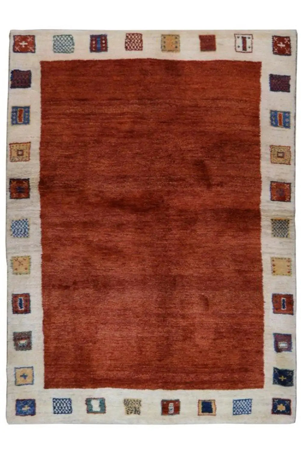 Gabbeh rug 206x150 cm with a red square and colorful decorative elements along the edge