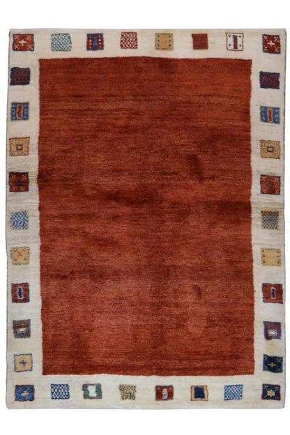 Gabbeh rug 206x150 cm with a red square and colorful decorative elements along the edge
