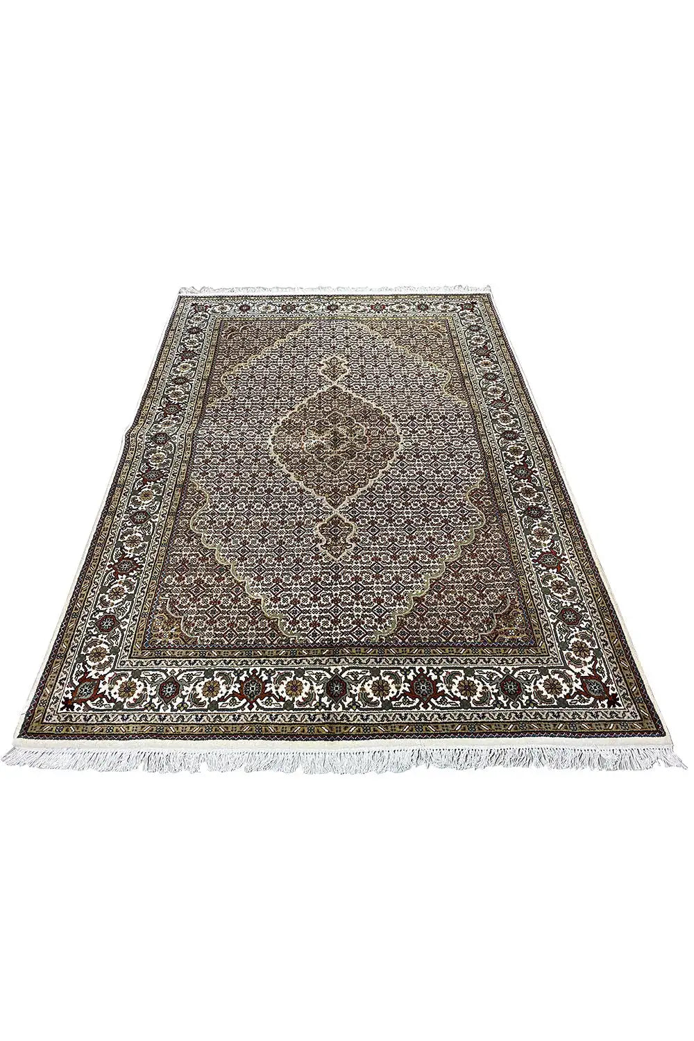 Rectangular rug with a light pattern, dark border, and delicate fringes
