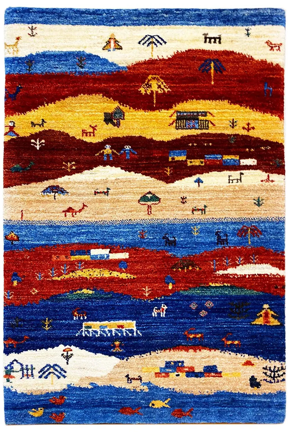 Gabbeh rug 90x59 cm with landscape motifs in blue, red, and beige