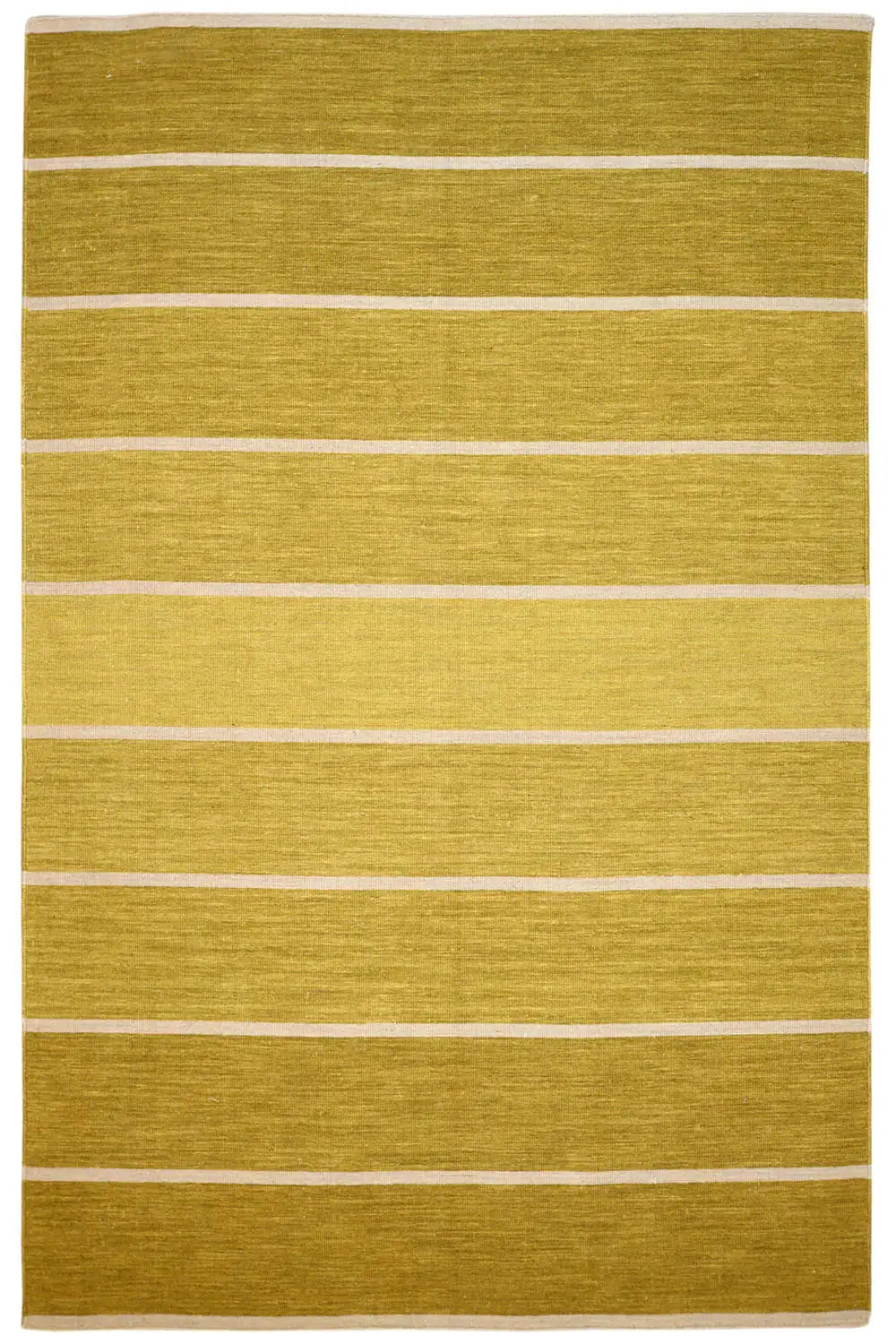 Ocher-green kilim rug with white stripes, rectangular