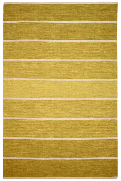 Ocher-green kilim rug with white stripes, rectangular