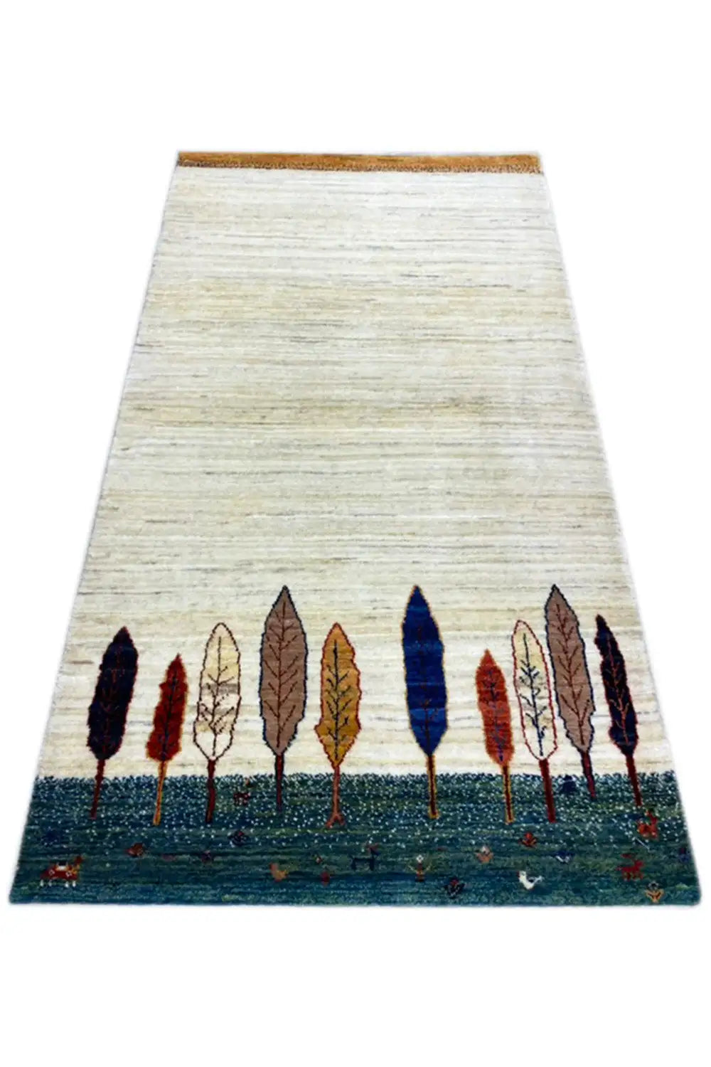 Gabbeh rug 161x87 cm with a light beige loop pattern and a row of trees on a dark blue background