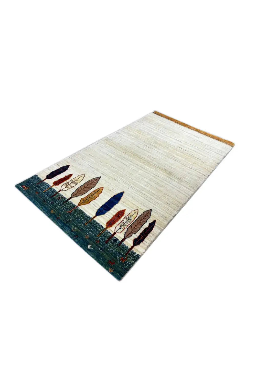 Gabbeh rug 161x87 cm, diagonal: bands of trees in blue, red, and brown on a light background
