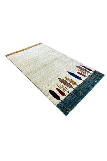 Gabbeh rug 161x87 cm, diagonal: row of trees in brown, blue, and red on a light beige background