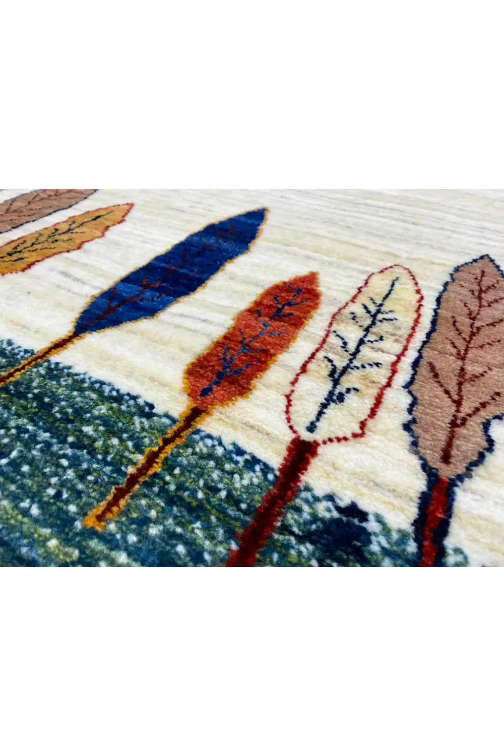 Gabbeh rug 161x87 cm Detail: Tree and line patterns in blue, red and brown on beige