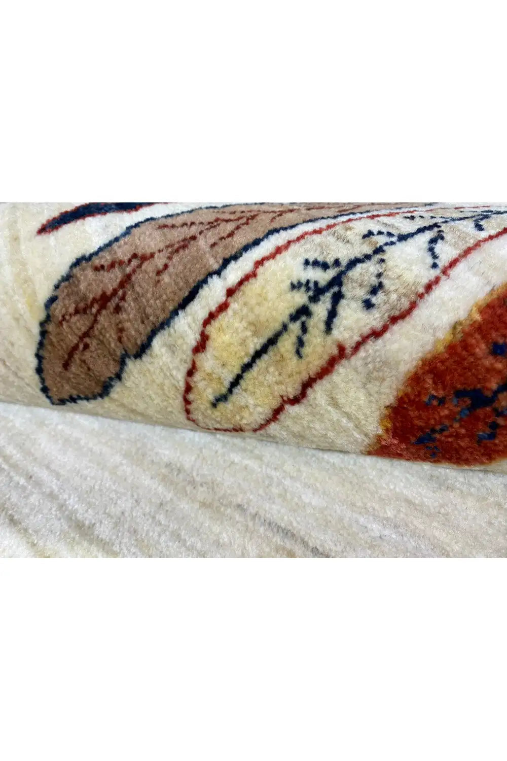 Gabbeh rug 161x87 cm Detail: curved borders and leaf elements in brown and blue