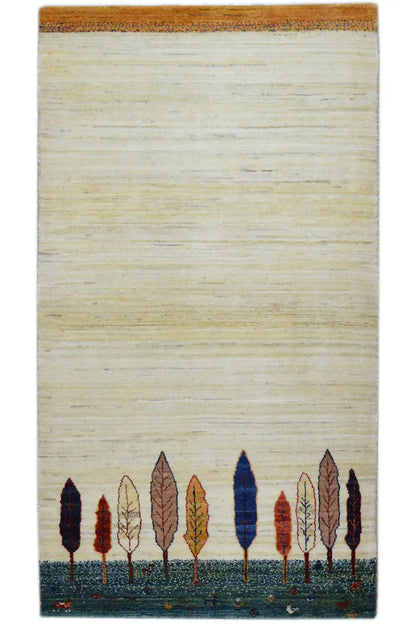 Gabbeh rug 161x87 cm with beige field and tree motif, blue, red and brown