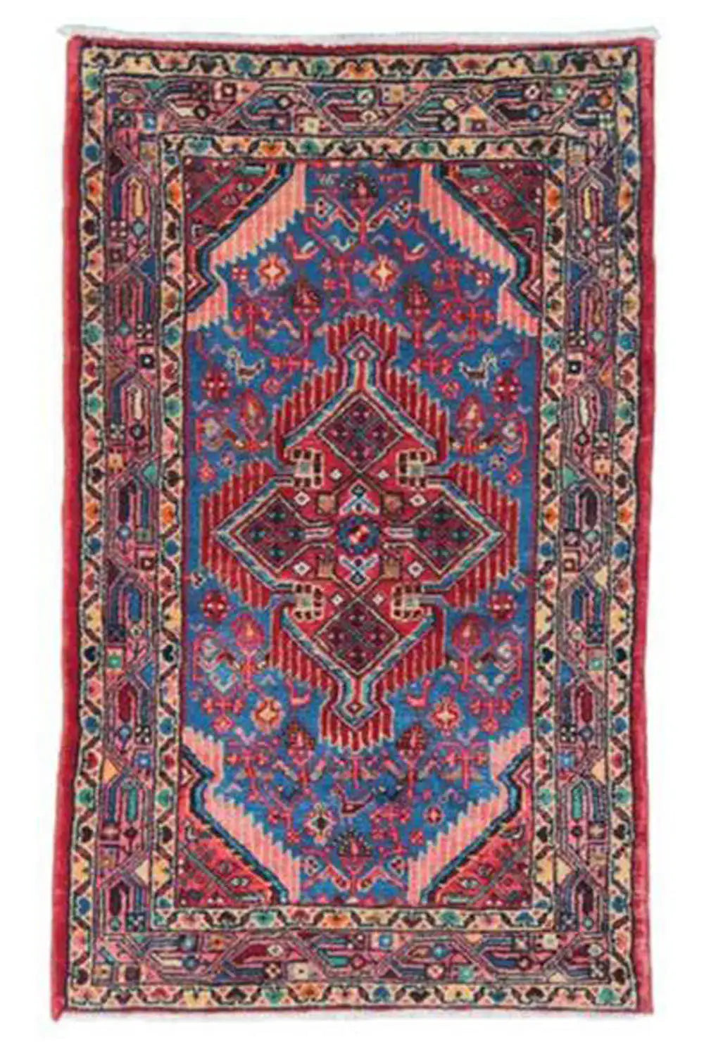Hamadan rug (132x80 cm), rectangular, blue patterned field, red border with ornaments