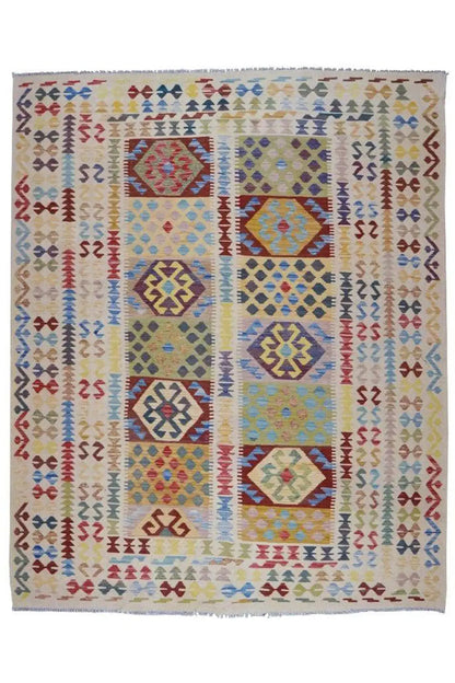 Afghan kilim rug, front view, light beige with colorful geometric fields