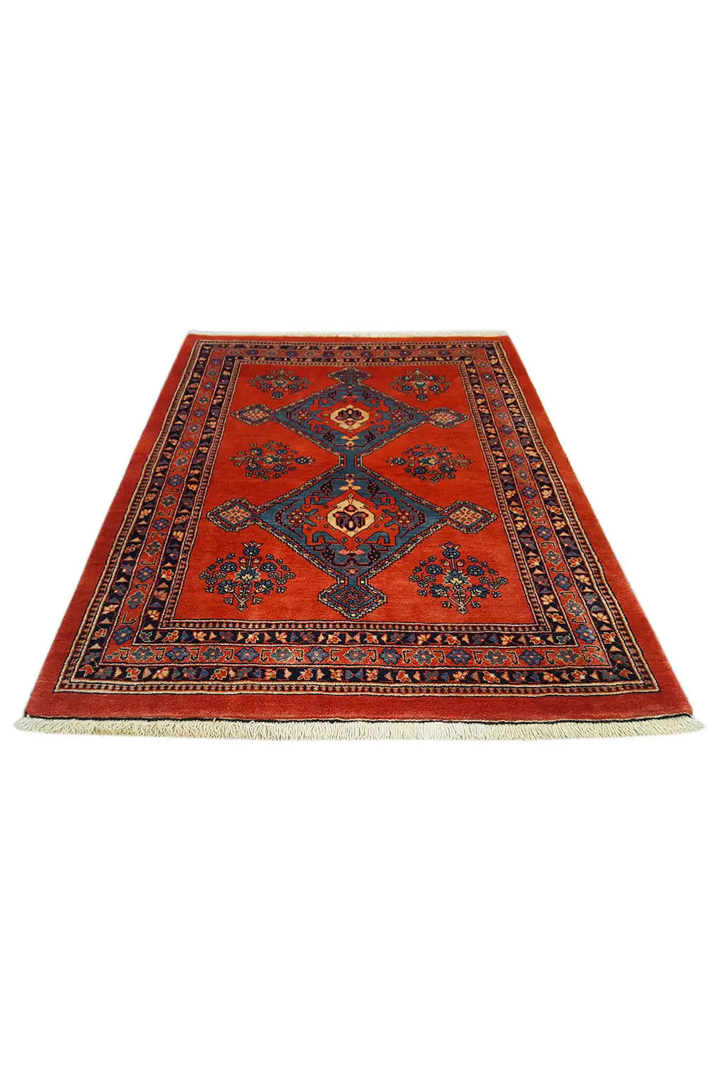 Red and blue rectangular rug with a central medallion and border pattern