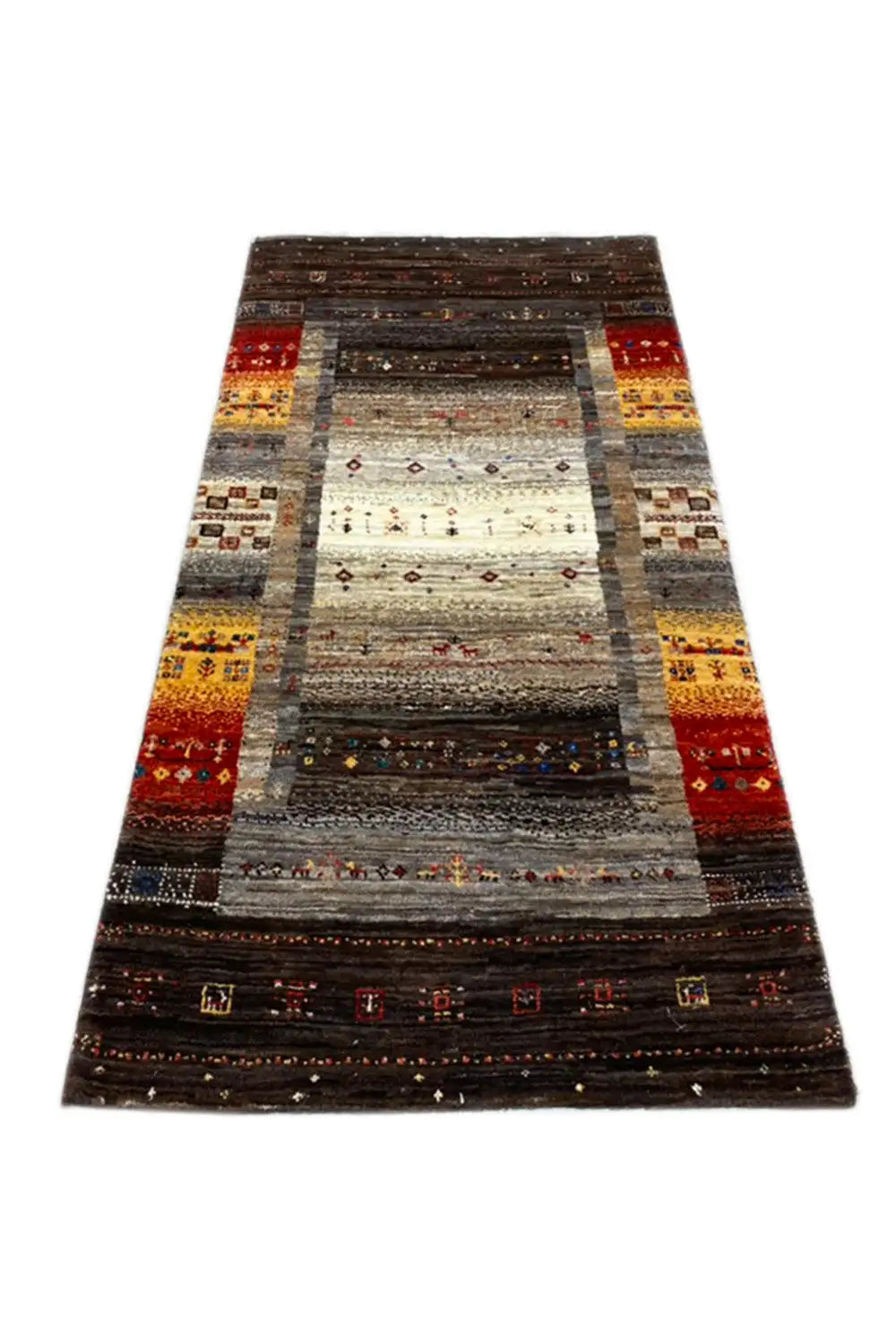 Gabbeh rug 133x67 cm with a central field and borders in brown, gray, red, and beige