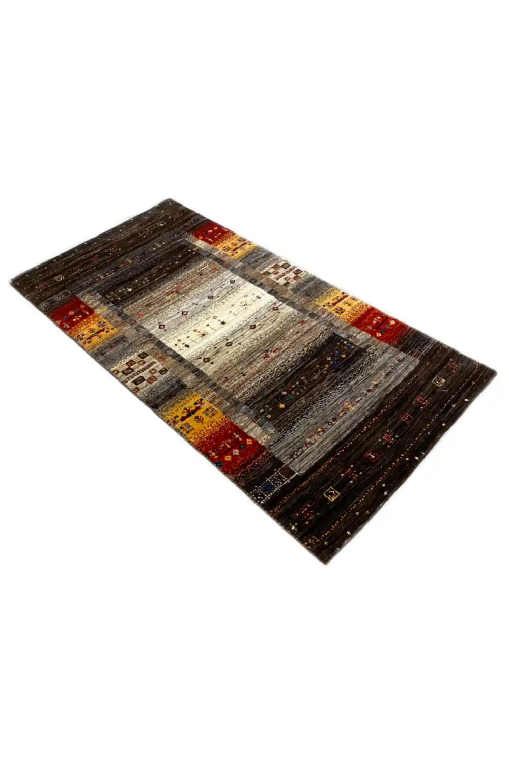 Gabbeh rug 133x67 cm viewed diagonally: dark pattern with red accents