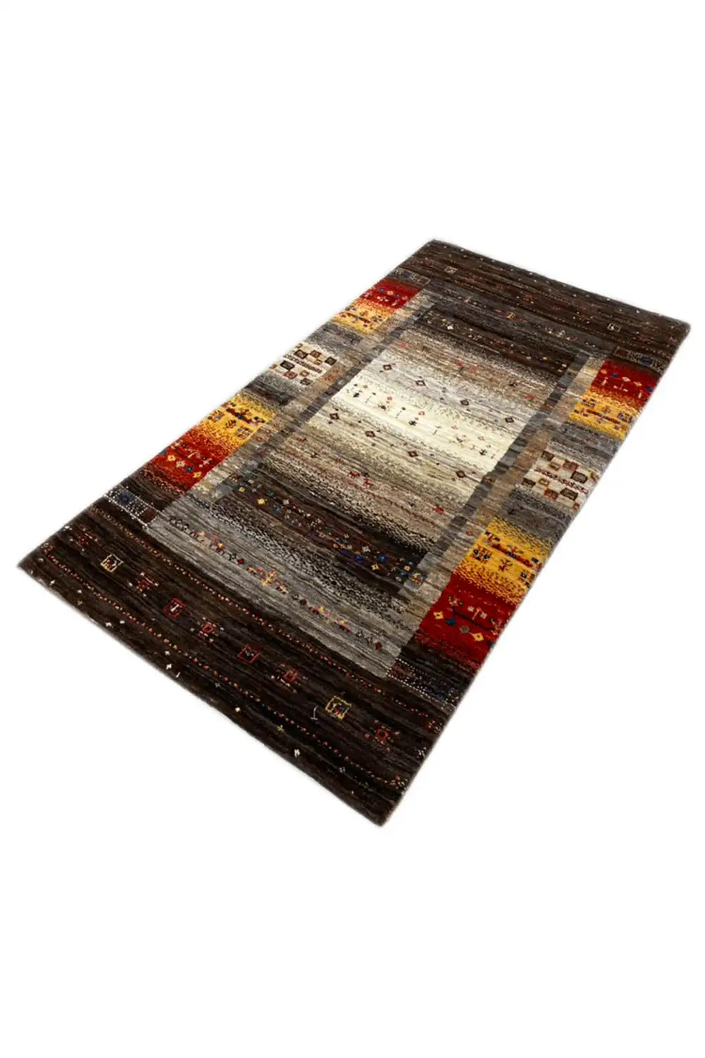Gabbeh rug 133x67 cm, diagonal overall view with borders and a light central area