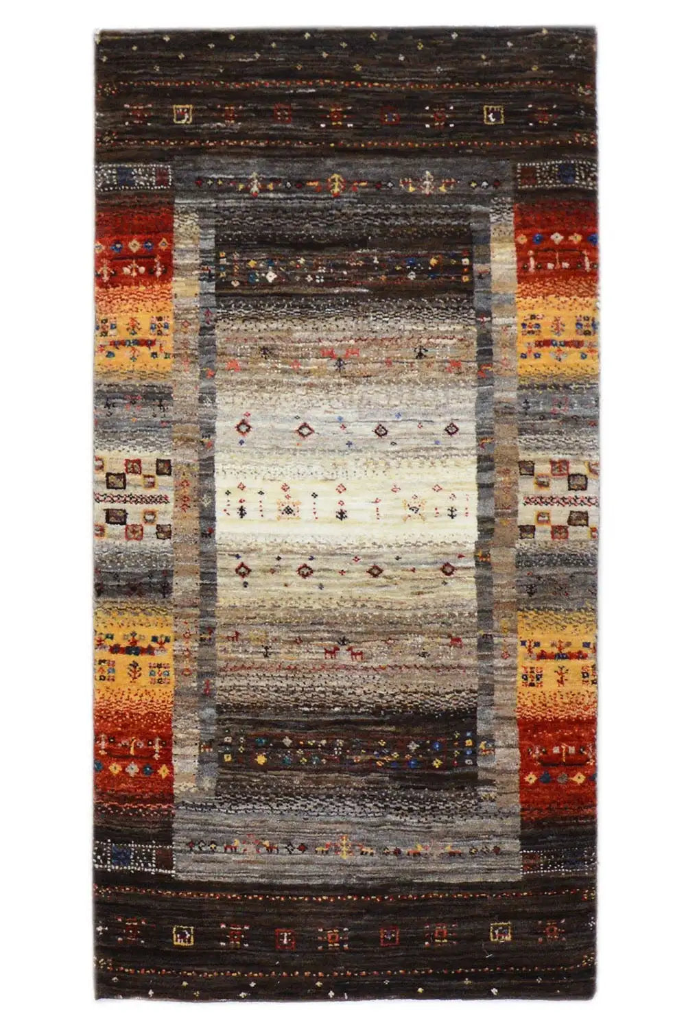 Gabbeh rug 133x67 cm with medallion pattern in brown, gray, red, and beige