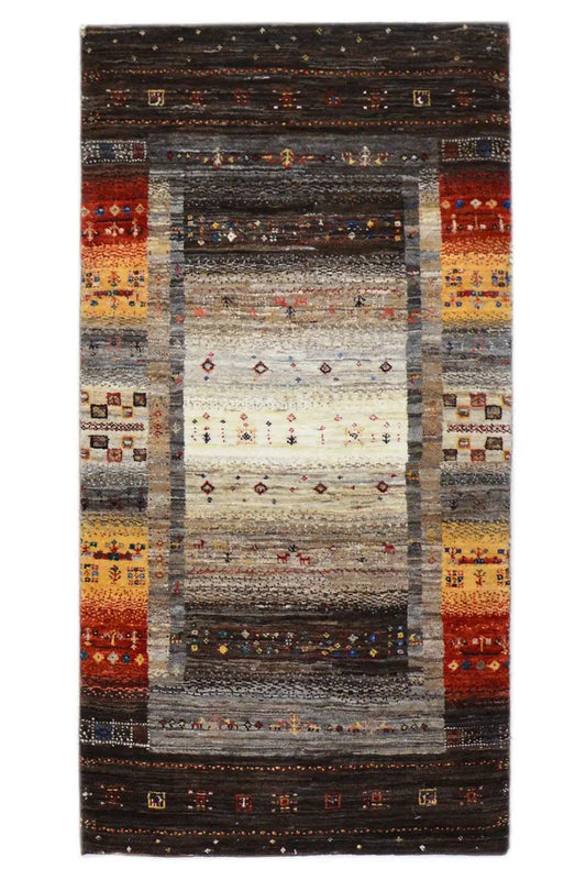 Gabbeh rug 133x67 cm with medallion pattern in brown, gray, red, and beige