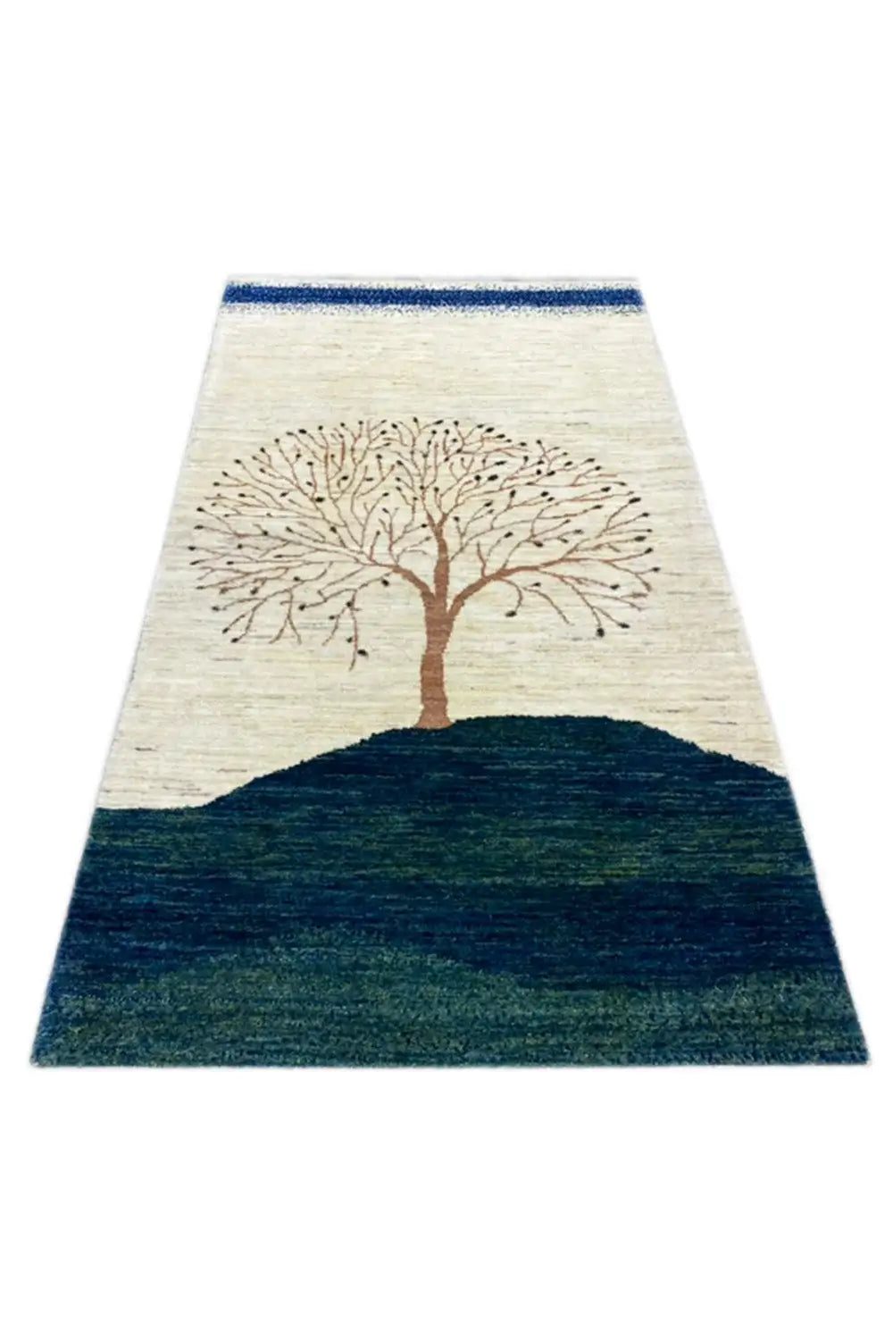 Gabbeh rug (157x86 cm) in portrait orientation with a tree and dark landscape, blue border