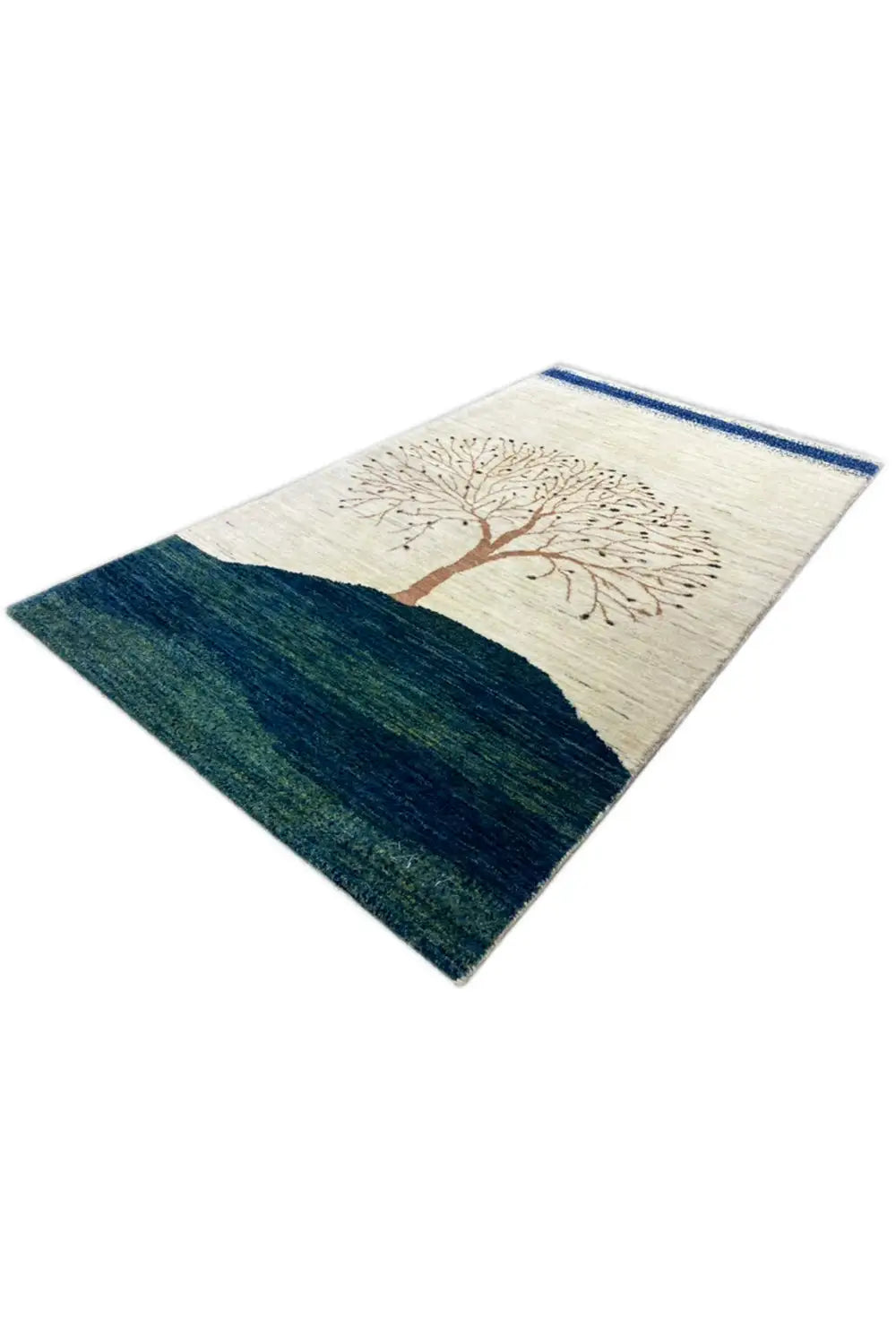 Gabbeh rug (157x86 cm) at an angle: tree motif on off-white, dark mountains