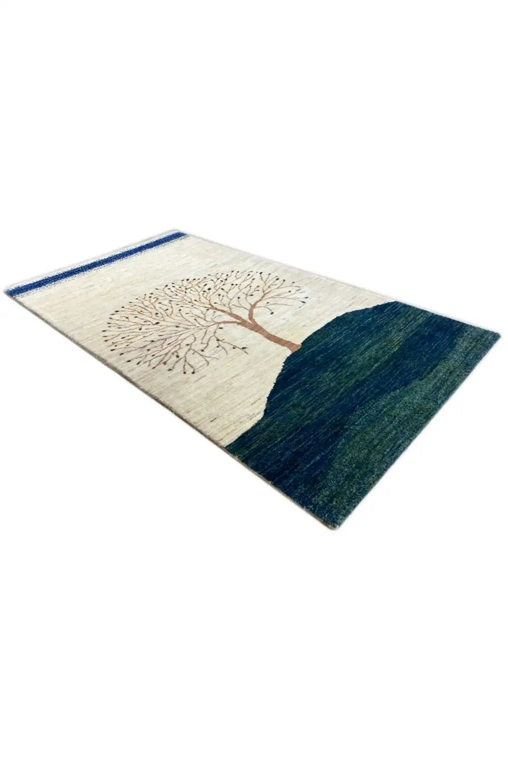 Gabbeh rug (157x86 cm) with a tree motif and dark color field, blue side border