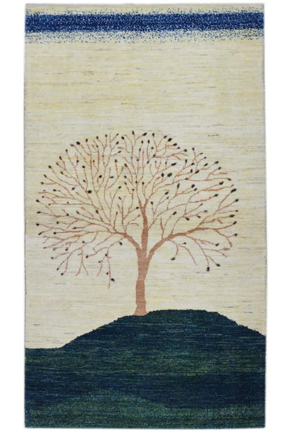 Gabbeh rug (157x86 cm) with tree motif, wide blue border, off-white and dark blue