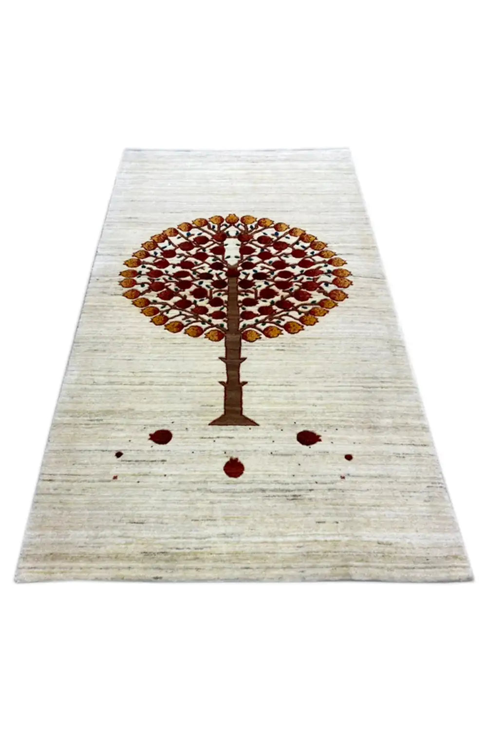 Gabbeh rug 155x89 cm, lying flat: tree motif centered in red/brown on a light background