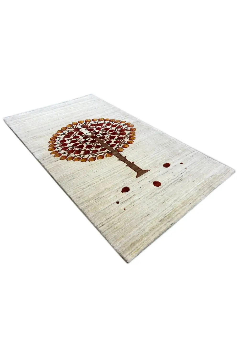 Gabbeh rug 155x89 cm, diagonal: tree motif and dots in red/brown on light beige