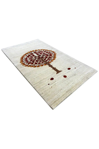 Gabbeh rug 155x89 cm, diagonal: tree motif and dots in red/brown on light beige