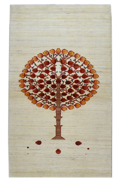 Gabbeh rug 155x89 cm: light background with a tree motif in red/brown