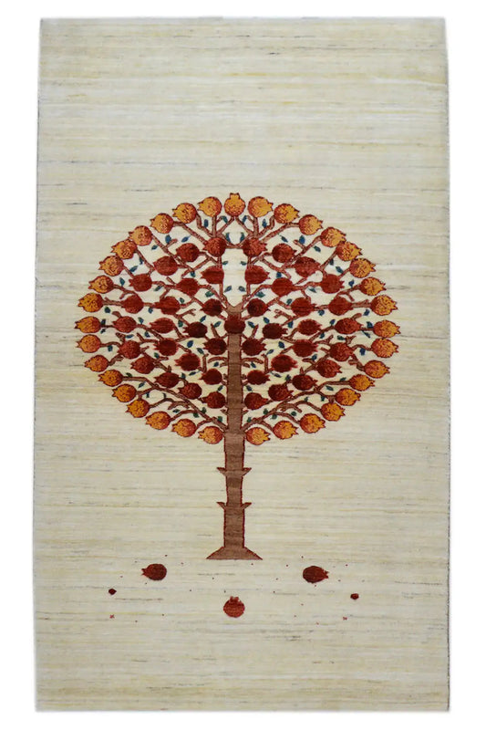 Gabbeh rug 155x89 cm: light background with a tree motif in red/brown