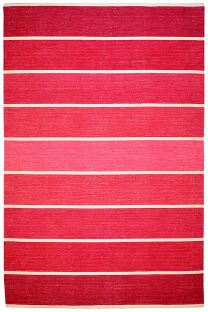 Red kilim rug with white horizontal stripes and a wide border, rectangular