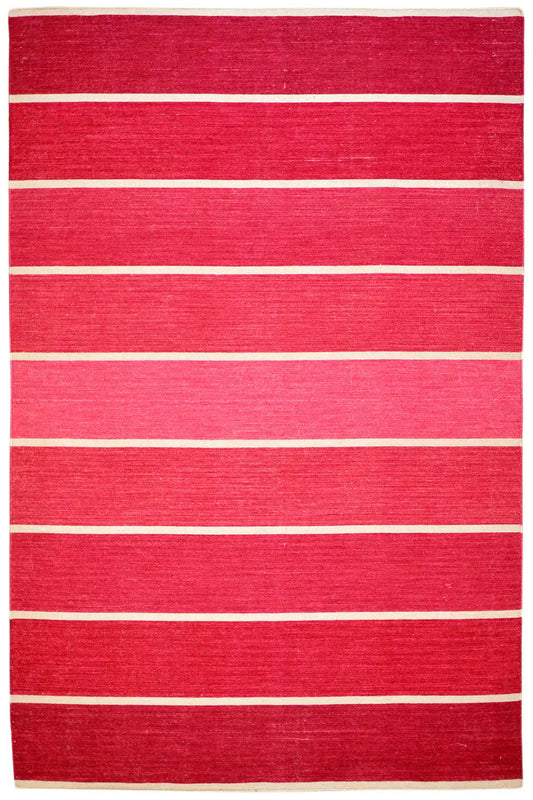 Red kilim rug with white horizontal stripes and a wide border, rectangular
