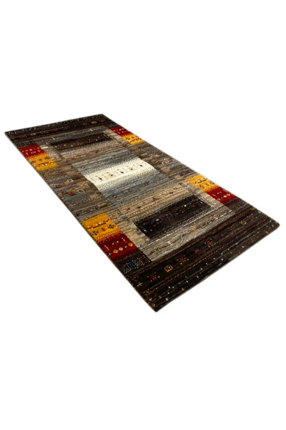 Gabbeh rug (136x68 cm), angled: mix of checks and stripes, red-yellow border