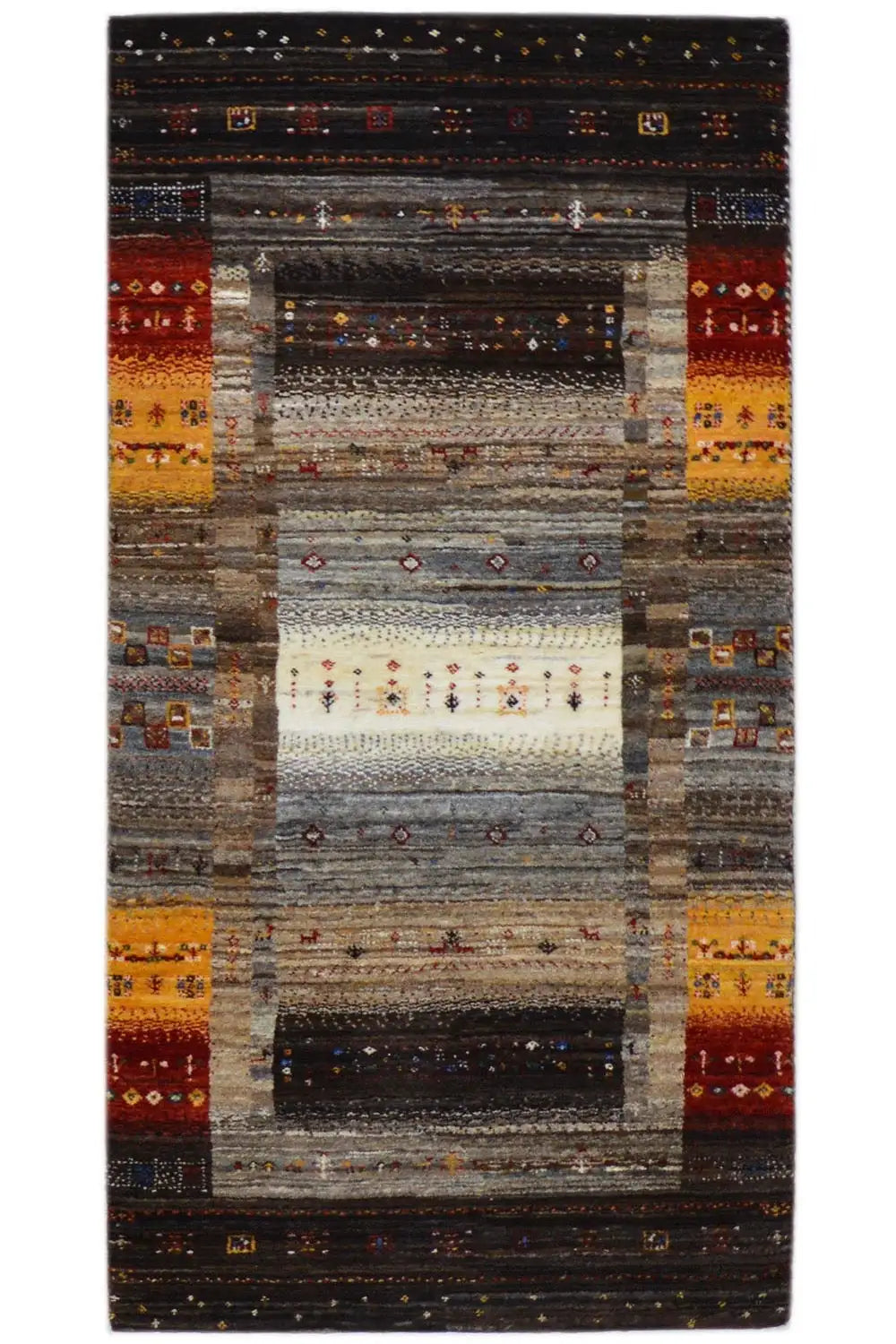 Gabbeh rug (136x68 cm) with a dark background, multicolored borders and central panel
