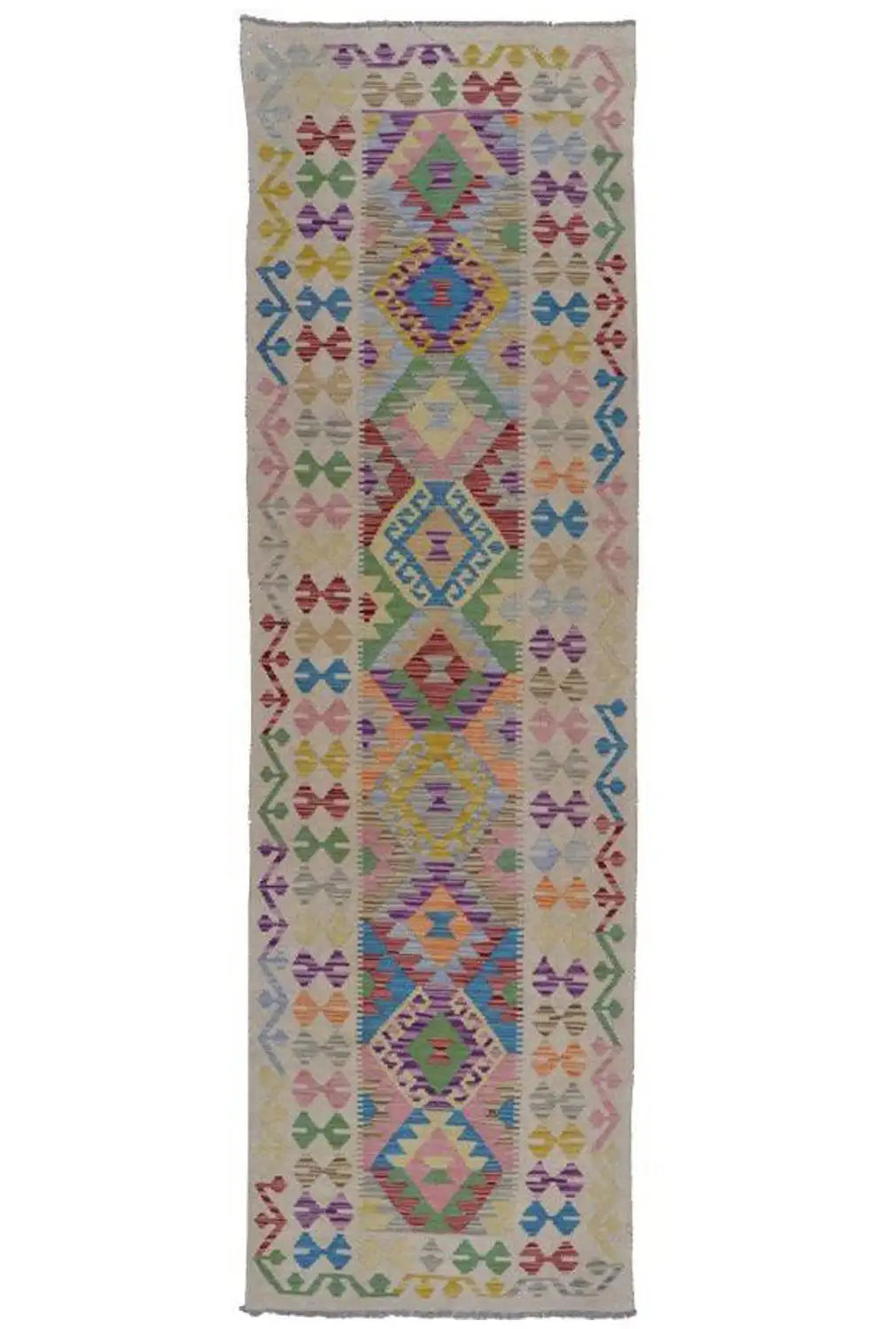 Kilim Afghan rug as a narrow runner with a colorful geometric diamond design