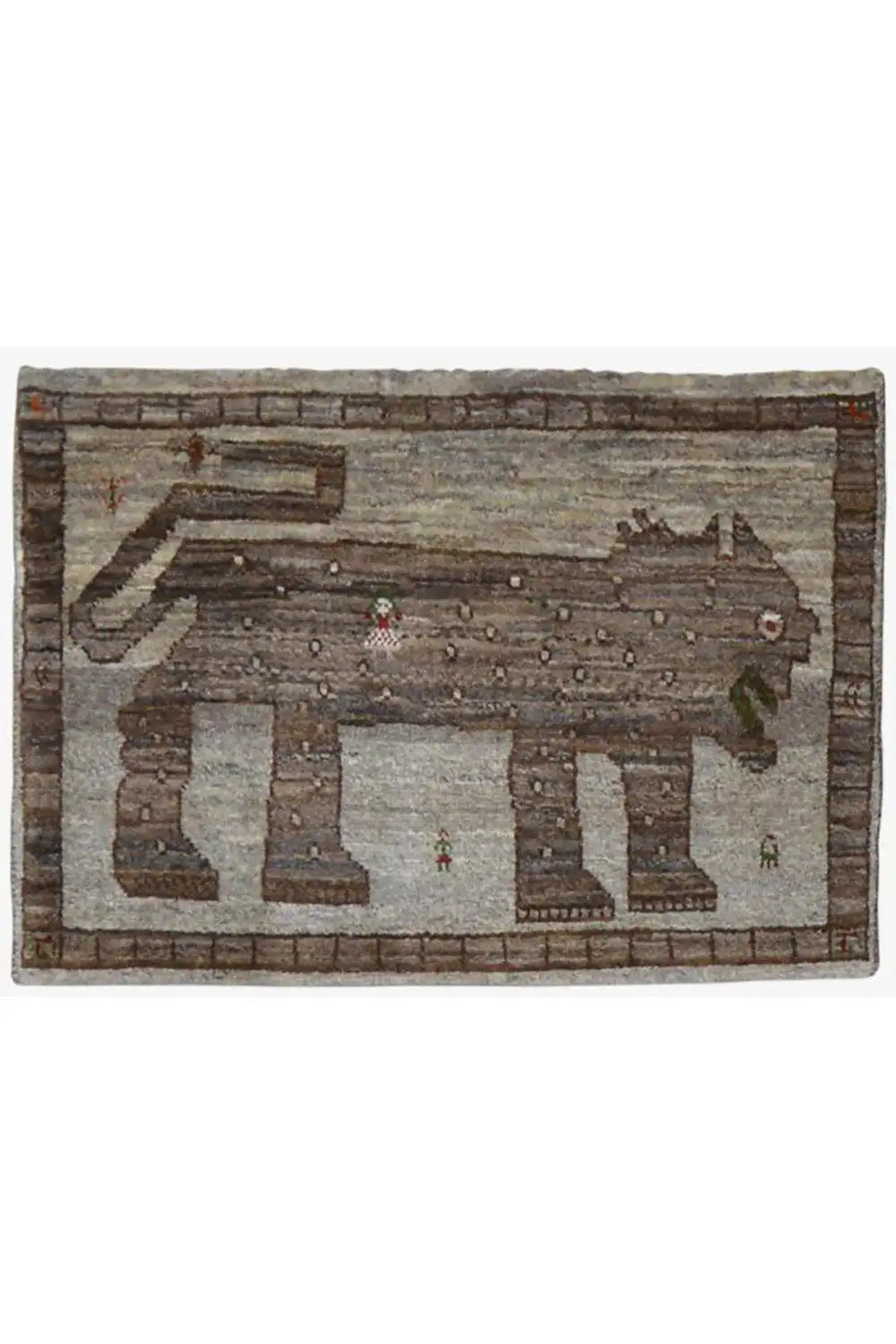 Rectangular Gabbeh rug with a border and central geometric shapes, brown