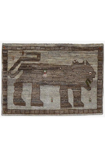 Rectangular Gabbeh rug with a border and central geometric shapes, brown