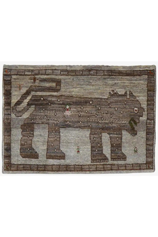 Rectangular Gabbeh rug with a border and central geometric shapes, brown