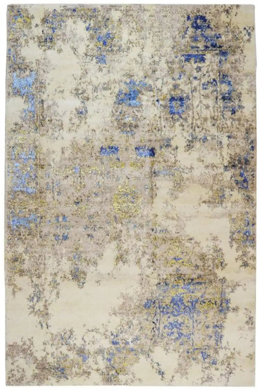 Designer rug (304 x 198 cm) in beige with a blue abstract pattern