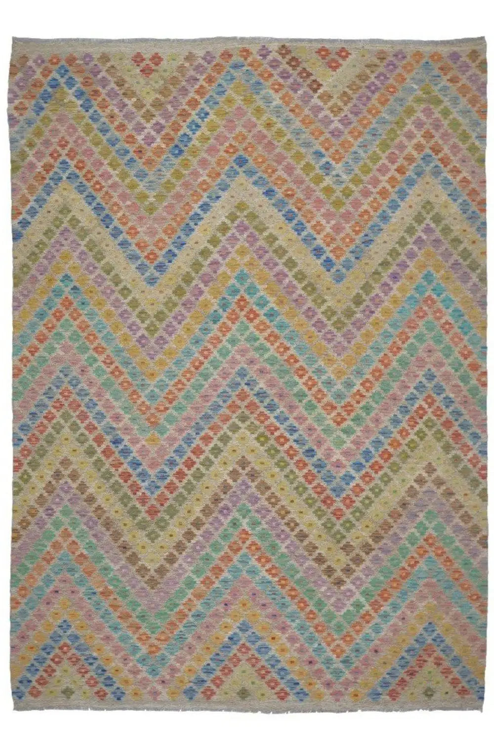 Afghan kilim 298x210 cm with delicate zigzag chevron pattern in pastel and gray