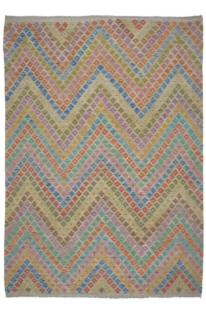 Afghan kilim 298x210 cm with delicate zigzag chevron pattern in pastel and gray