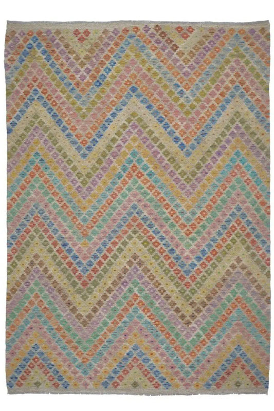 Afghan kilim 298x210 cm with delicate zigzag chevron pattern in pastel and gray