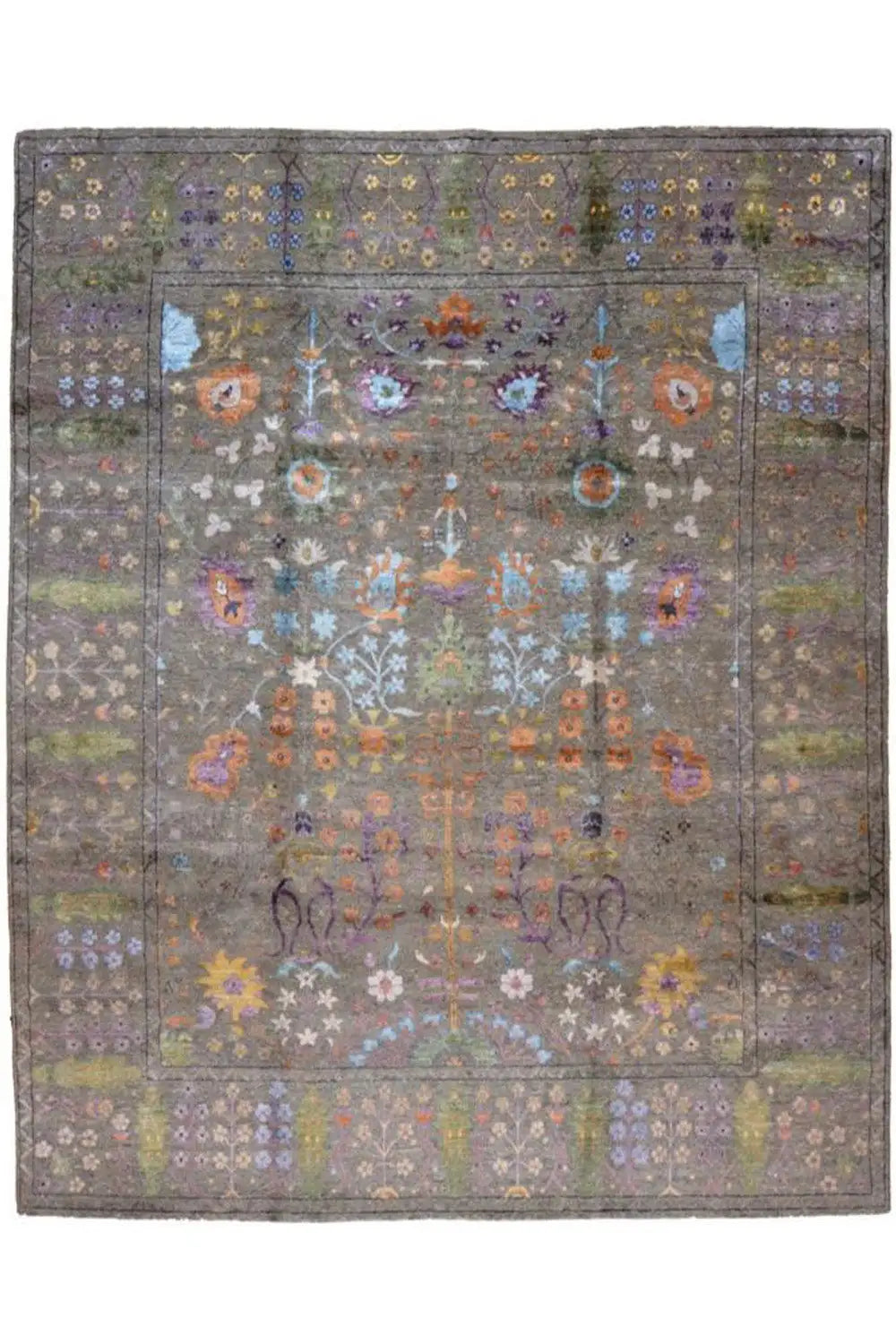 Designer rug with a gray background, central medallion, and colorful floral vine border