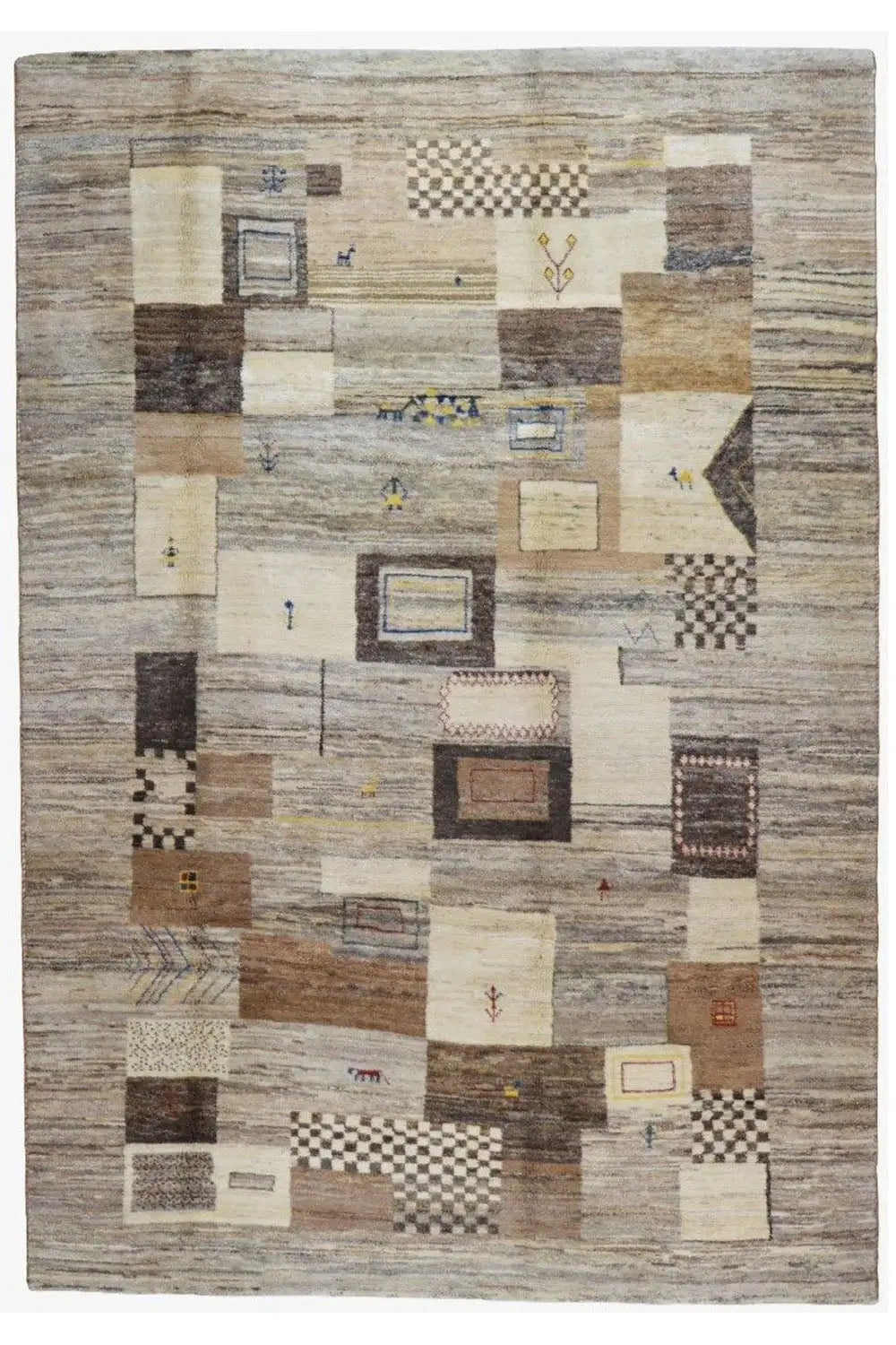 Gabbeh rug front view with patchwork squares in beige, gray, and brown