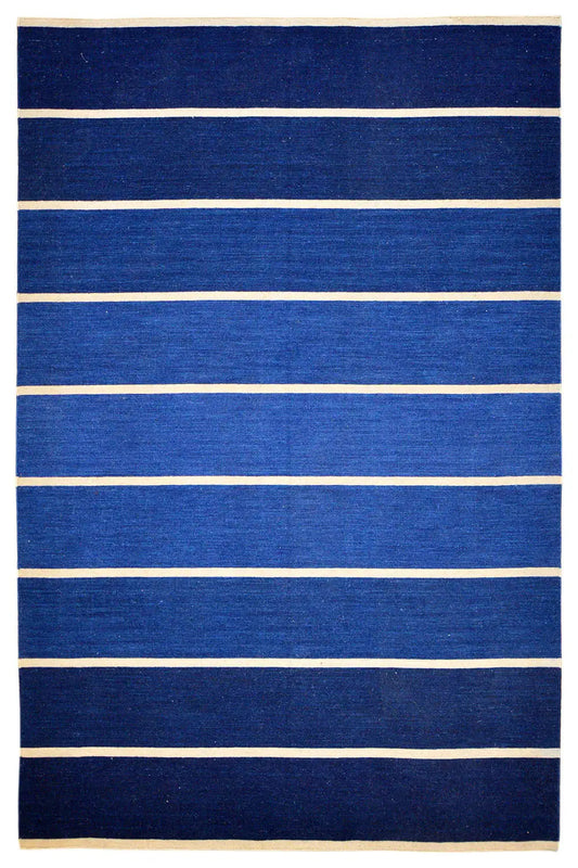 Kilim rug made of dark blue fabric with light horizontal stripes and a beige border.