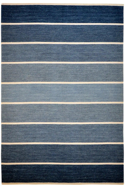 Blue kilim with beige stripes, rectangular, flat-woven