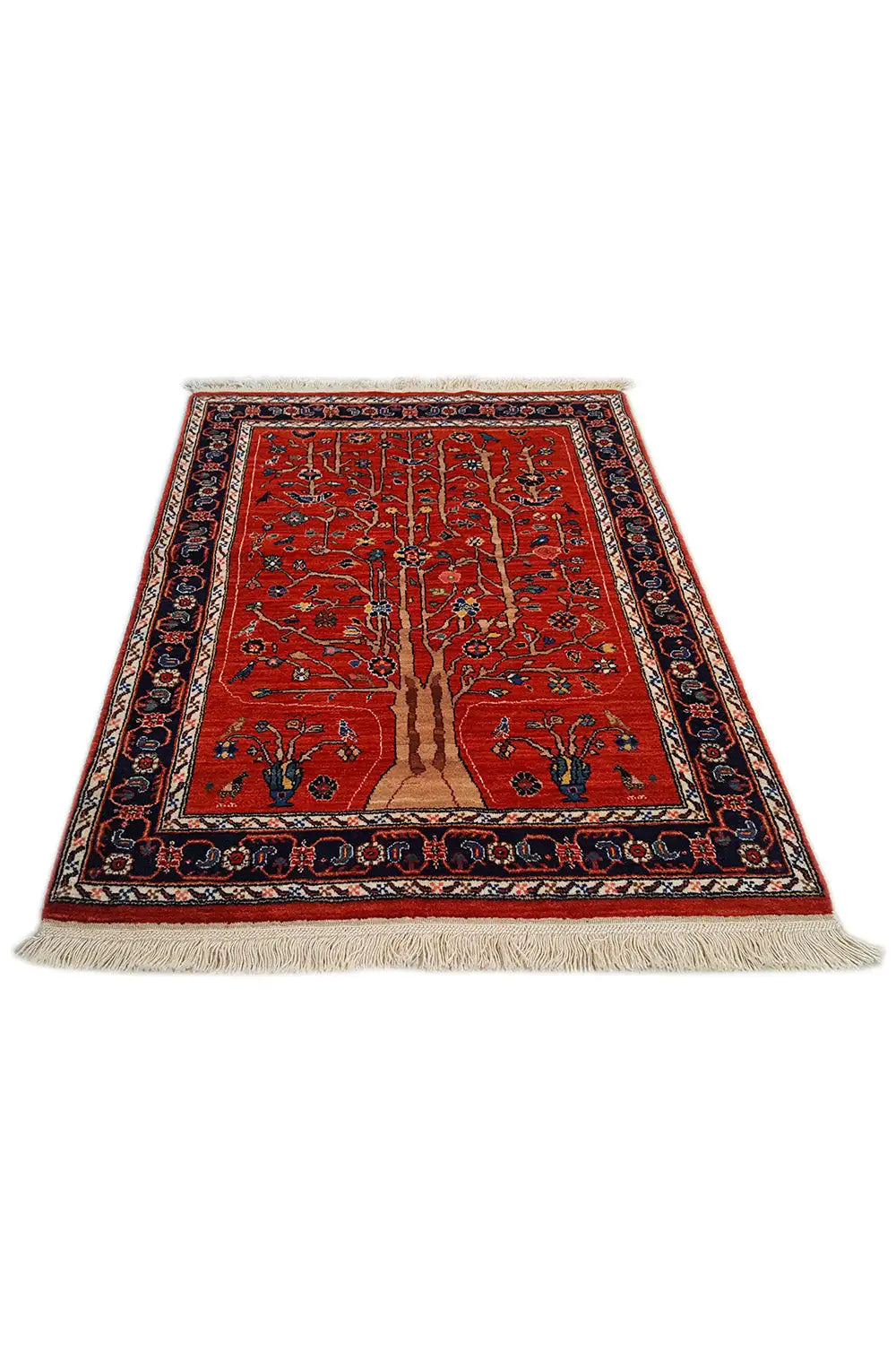 Exclusive Qashqai oriental rug 119x94 cm: red pattern, dark border, fringes